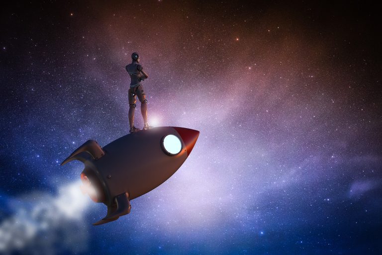 A graphic illustration of a sentient being thoughtfully standing on a rocket, signifying the rapid growth & forward momentum achievable through our Ad-Based Services.